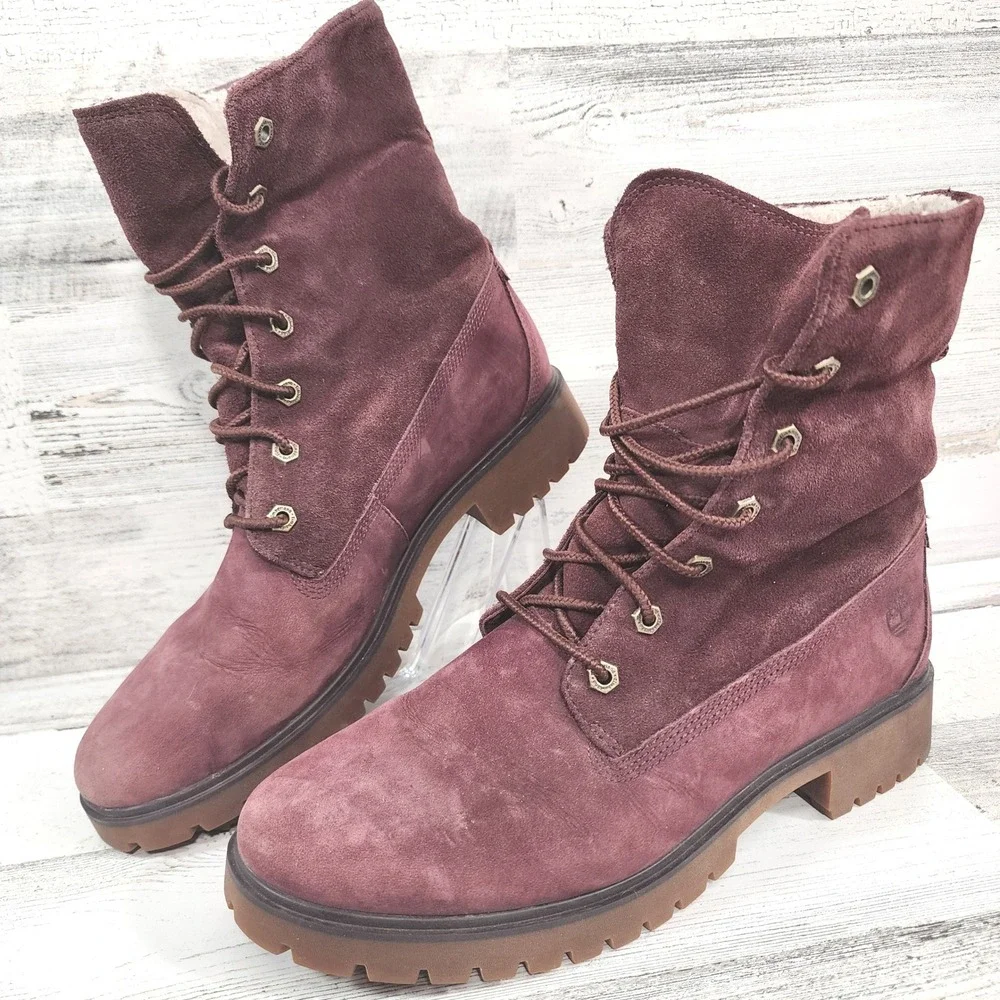 Timberland Boots Womens 10 Burgundy Suede Shearling Lined Lace Up Mid Calf